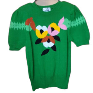 Vintage CALICO 100% Cotton Green Handmade Knit Short Sleeve Sweater Top Blouse M